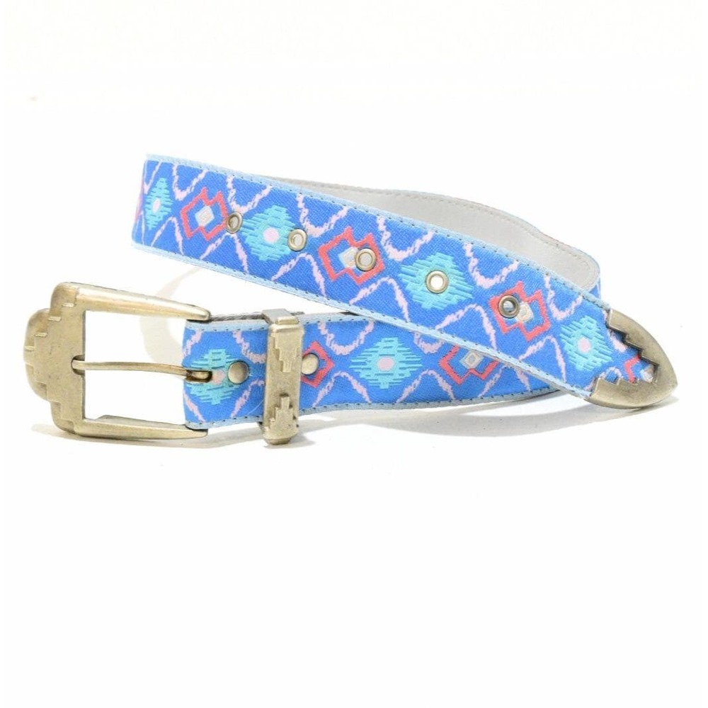 90s Vintage Nuovo Aztec Print Waist Belt Womens XS Blue Southwest Canvas Tipped